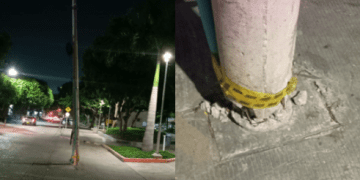 Poste a punto de caer mantiene en peligro a transeúntes de la calle 70 con 47