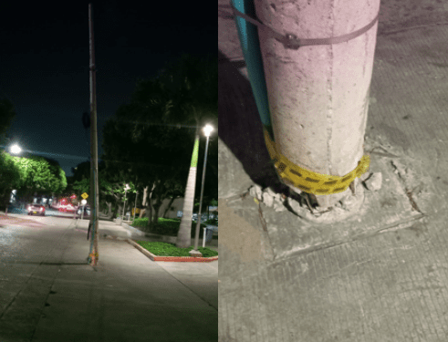 Poste a punto de caer mantiene en peligro a transeúntes de la calle 70 con 47