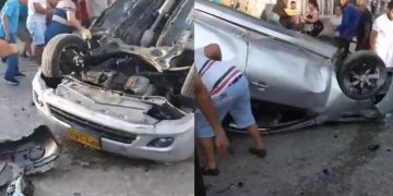 Aparatoso accidente en el barrio Alfonso López dejó un vehículo volcado