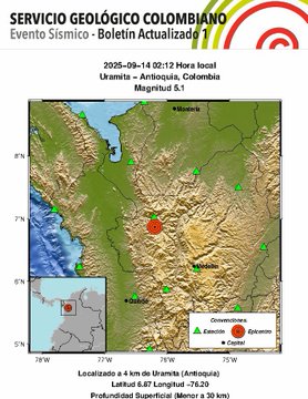 Sismo de magnitud 5.1 sacudió Uramita, Antioquia en la madrugada