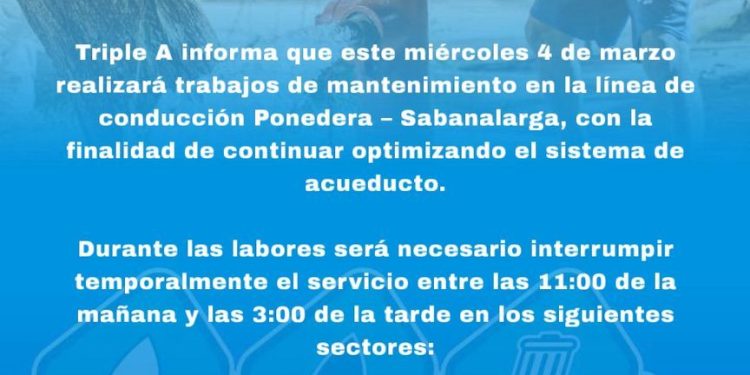 Corte de agua programado este jueves en Ponedera y Sabanalarga