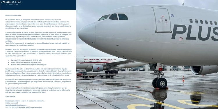 Plus Ultra suspenderá vuelos hacia Colombia desde junio por altos costos operativos