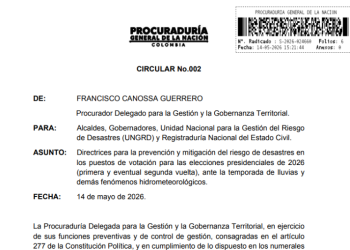 Procuraduría insta a mandatarios locales a fortalecer la gestión de riesgo de desastres para garantizar la seguridad en las elecciones presidenciales de 2026