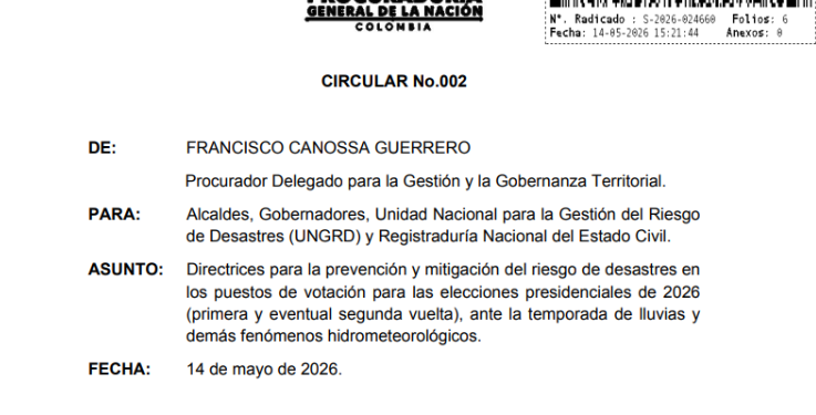 Procuraduría insta a mandatarios locales a fortalecer la gestión de riesgo de desastres para garantizar la seguridad en las elecciones presidenciales de 2026