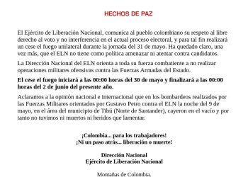 ELN anuncia cese al fuego unilateral durante jornada electoral en Colombia