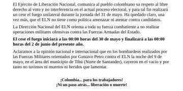 ELN anuncia cese al fuego unilateral durante jornada electoral en Colombia