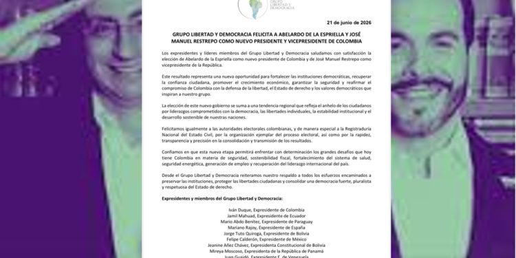 Grupo Libertad y Democracia felicita a Abelardo de la Espriella y José Manuel Restrepo como nuevo presidente y vicepresidente de Colombia