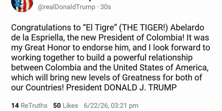 Donald Trump así felicitó a Abelardo de la Espriella y prometió fortalecer la relación entre Colombia y Estados Unidos