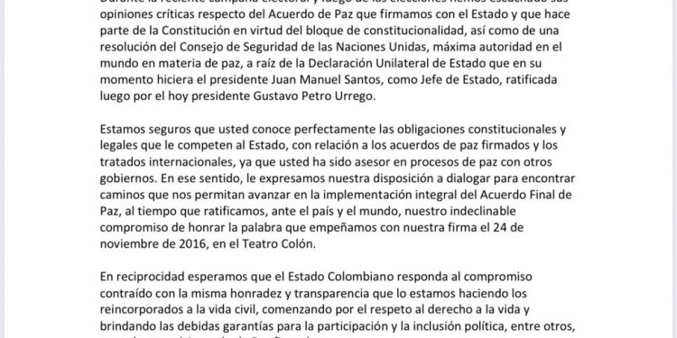 Antiguo secretariado de las Farc envía carta a De la Espriella y propone diálogo sobre el Acuerdo de Paz