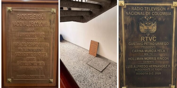 Polémica en RTVC: retiran placa de Álvaro Uribe y aparece una de Gustavo Petro en su lugar