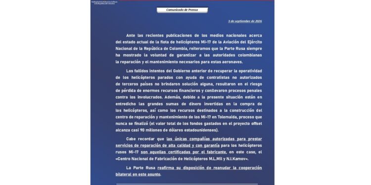 Rusia vuelve a tocar la puerta de Colombia para reparar los helicópteros Mi-17 y cuestiona gestiones del gobierno anterior