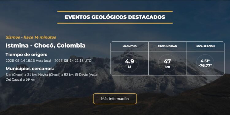 Nuevo sismo sacude Istmina: temblor de magnitud 4,9 fue reportado en Chocó